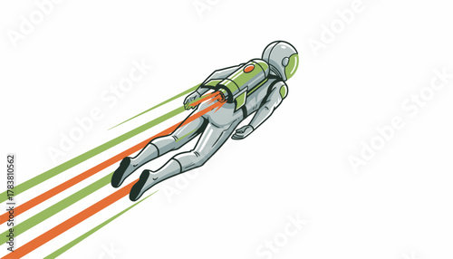 Rapid Business Growth Concept: Hand-Drawn Astronaut with Rocket Jetpack Flying Forward and Accelerating