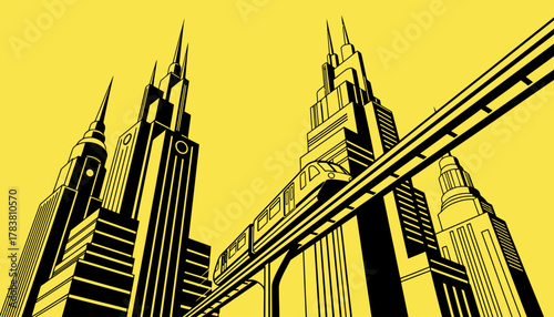Art Deco Metropolis with Elevated Monorail | Stylized Vector Illustration of Futuristic Black and Yellow Urban Landscape
