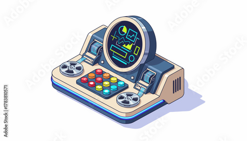 Isometric Retro Data Analyzer Machine. Vintage Reel-to-Reel Tape Recorder with Neon Analytics Screen and Colorful Buttons.