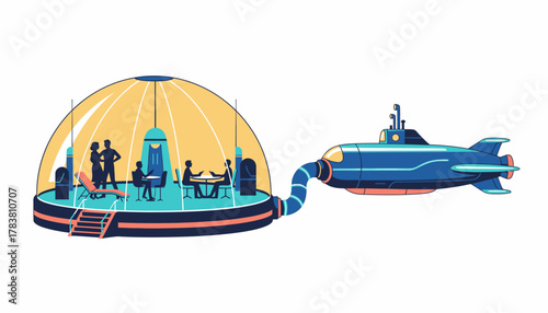 Retro-futuristic Submarine Docked at an Exclusive Underwater Dome Habitat with Silhouetted People Working and Relaxing