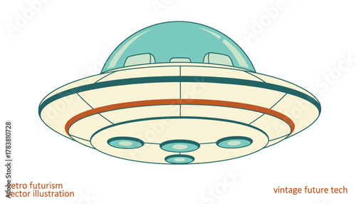 Retro Futurism Flying Saucer Vector Illustration. Vintage Sci-Fi UFO Spaceship Design Isolated on White Background.