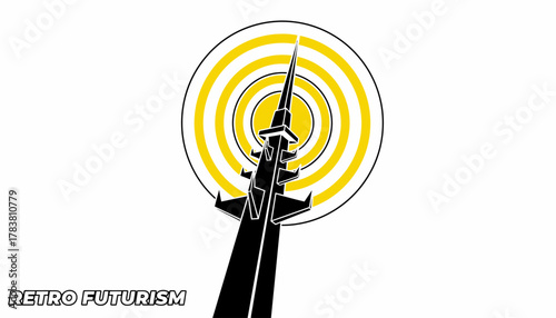 Bold Retro Futurism Vector Illustration of a Transmission Spire with Radiating Yellow Target Signal