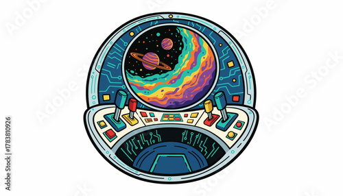 Retro Space Console Cockpit with Joysticks Viewing Psychedelic Planets - Vector Illustration
