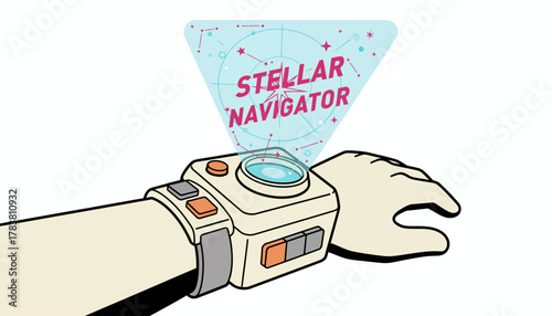 Retro-Futuristic Wristwatch Projecting a Stellar Navigator Hologram - Cartoon Vector Illustration