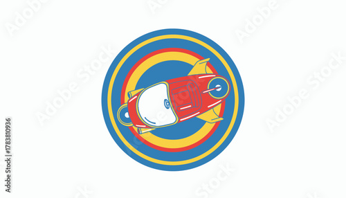 Vintage Retro-Futuristic Flying Car Doodle Icon Badge Emblem