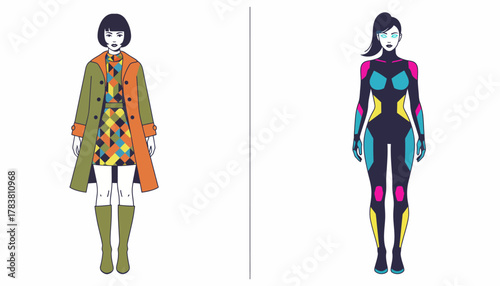 Fashion Duality: Retro 1960s Mod Woman Versus Futuristic Cyberpunk Female Character Design