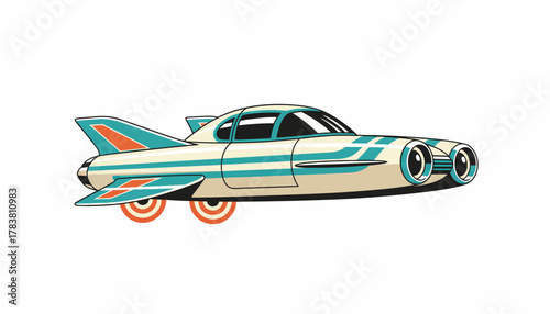 Retro Futuristic Flying Car Vector Illustration - Atomic Age Design Transportation Concept Isolated on White