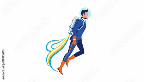 Ambitious Businessman Flying with a Jetpack. Concept of Rapid Career Success, Startup Launch, and Fast Professional Growth.