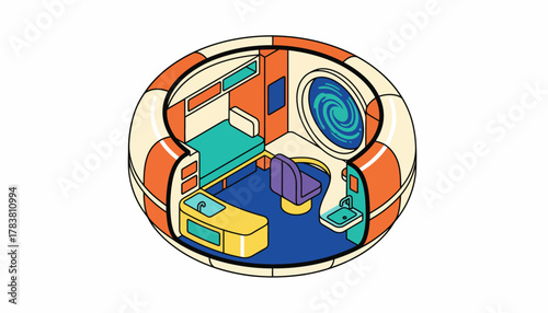 Vibrant Isometric Space Capsule Interior Illustration with Bed and Futuristic Portal Window