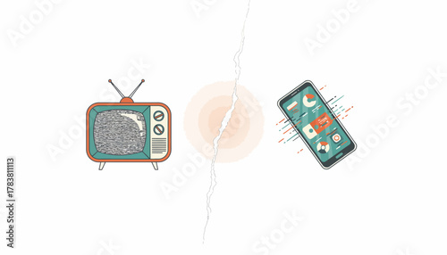 Digital Transformation Concept: Old Analog TV Split with Modern Smartphone Media Consumption and Mobile Technology
