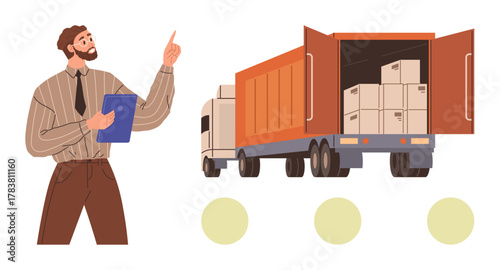 Canvas Print Logistics manager with clipboard guiding truck loading, open cargo with boxes