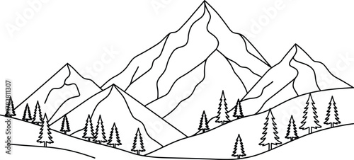 Majestic mountain range with snowcapped peaks and lush green trees, creating a serene and picturesque landscape