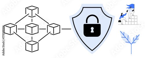 Blockchain network nodes with shield lock icon representing security team stacking blocks and plant symbolizing growth. Ideal for blockchain, cybersecurity, teamwork, privacy, innovation, growth