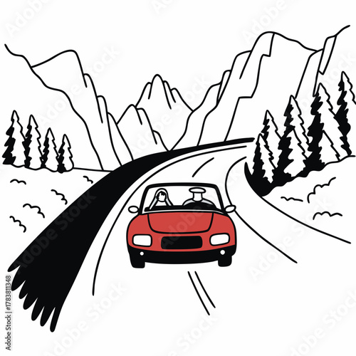 A red convertible car speeding across a mountain road.