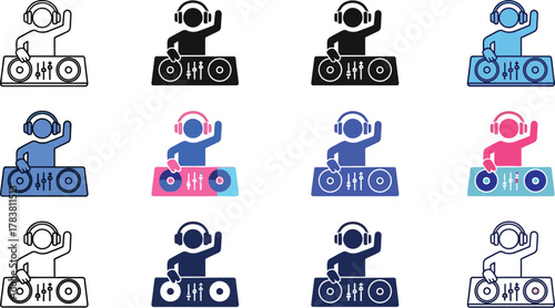 DJ music club icons set nightlife, party entertainment and audio mixing equipment vector illustration icons silhouette