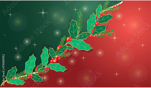 A Christmas holly branch with red berries on a red and green background