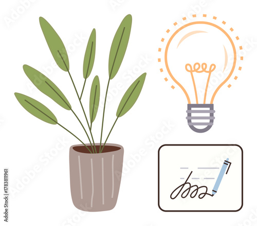 Potted plant with green leaves, glowing lightbulb for innovation, and signed document for agreement or validation. Ideal for creativity, growth, ideas, sustainability, business, signature legal