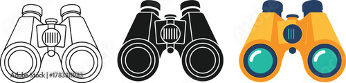 Binoculars icon set, outline, solid, and flat color series vector illustration silhouette