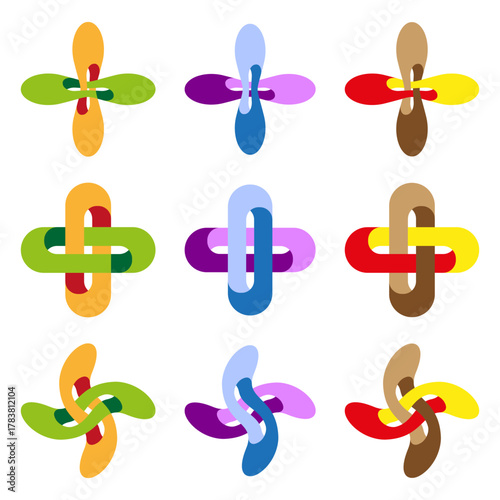 Interwoven cross elements. Abstract color knot. Nine 9 Vector designs. Corporate connection symbol.