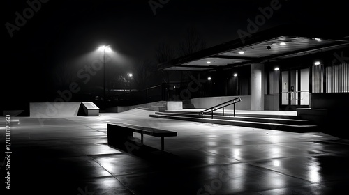 Empty urban skatepark at night, concrete, harsh lighting, mood
