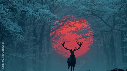Deer with rising sun between its antlers. Winter solstice or December Solstice