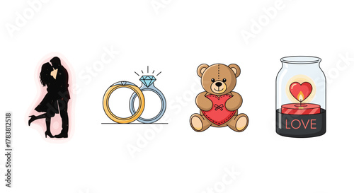 Collection of Valentines Day symbols including a couple kissing wedding rings a teddy bear and a love jar, Generative AI.