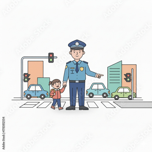A kind police officer helping a child cross the street safely at a city crosswalk with cars and traffic lights around.