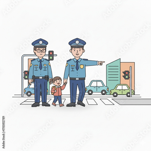 Two friendly police officers helping a child cross the street safely at a city crosswalk with cars and traffic lights around.