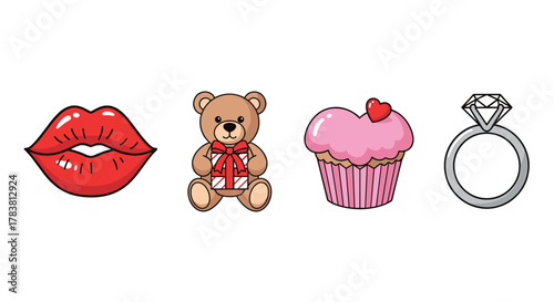 Collection of Valentines Day symbols including lips teddy bear cupcake and ring, Generative AI.