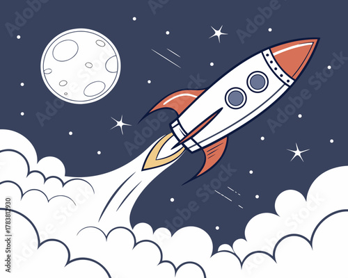 Cartoon rocket ship blasting off towards the moon in space