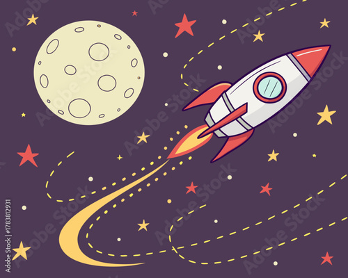 Cartoon rocket ship blasting off towards the moon in starry space