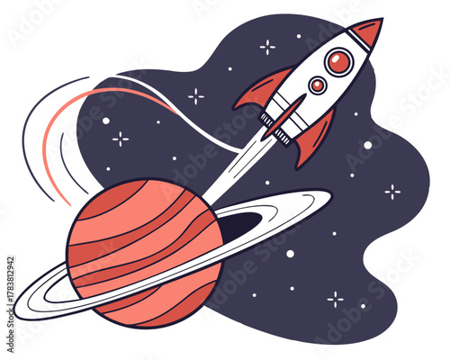 Cartoon rocket ship launching past a ringed planet in space