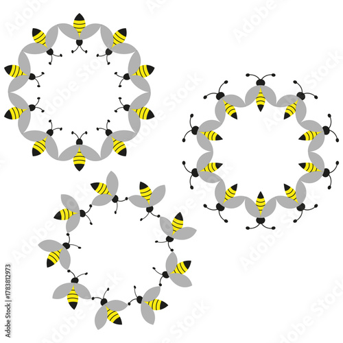 Circular bee pattern. Repeating honeybee motif. Nature element Vector. Swarm decorative frames.