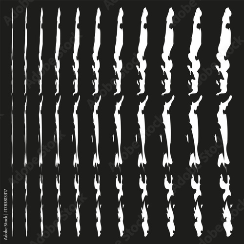 Abstract vertical stripes. White distortion effect. Graphic pattern Vector design. Dark black background.