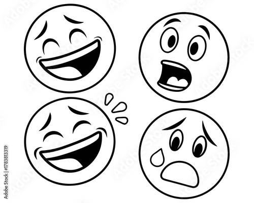 Four expressive emoji faces showing laughter shock and sadness