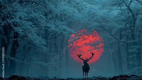 Deer with rising sun between its antlers. Winter solstice or December Solstice