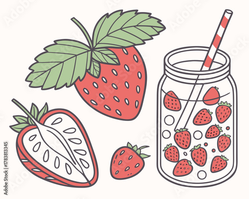 Fresh strawberries and strawberry infused water in a jar
