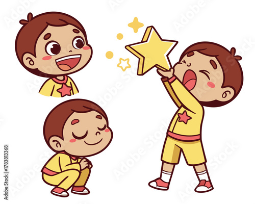 Happy child celebrating achievement with a golden star