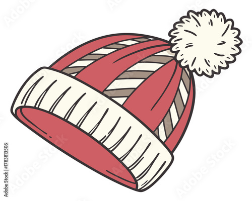 Red and white striped beanie with pom pom