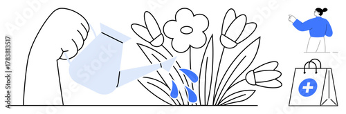 Hand watering blooming flowers, person gesturing, and health bag evoke themes of care, growth, health, and support. Ideal for healthcare, gardening, teamwork education environmental motivation