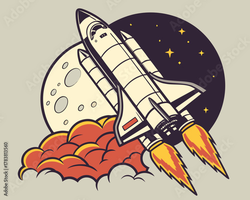 Retro space shuttle launching past the moon and stars