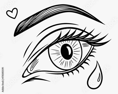 Sad crying eye with heart and tear drop