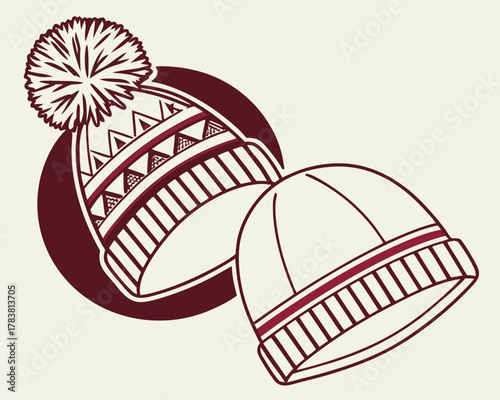 Two cozy winter beanies with pom pom and stripes