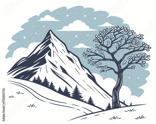 Winter mountain landscape with bare tree and snowfall