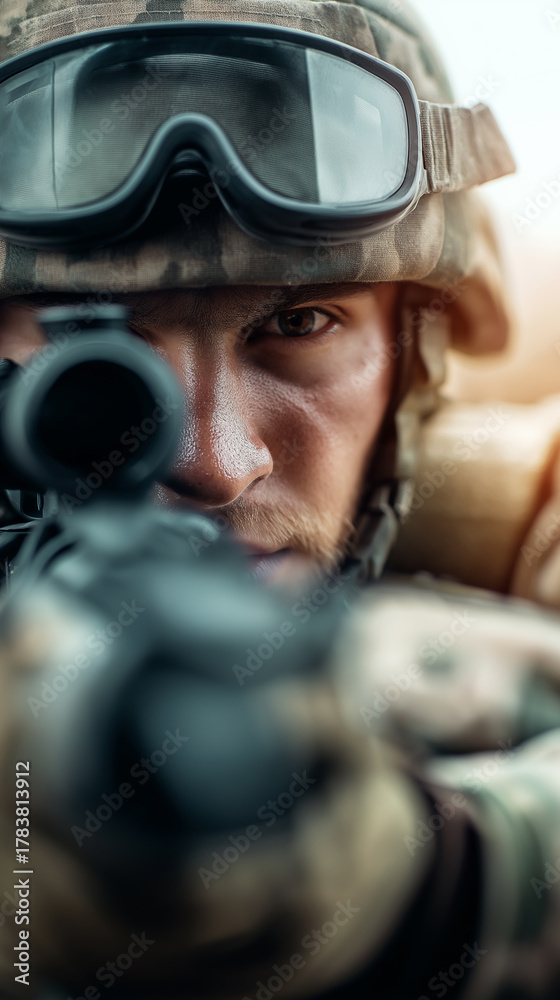 Obraz premium Soldier aiming through a rifle scope with focused expression.