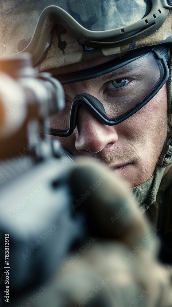 Obraz premium Soldier aiming through a rifle scope with focused expression. 