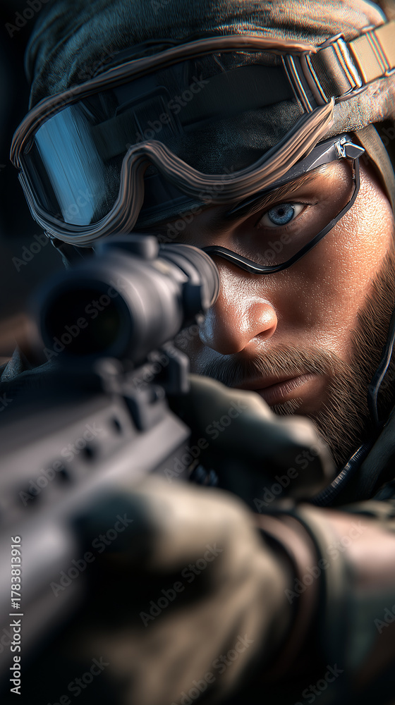 Fototapeta premium Soldier aiming through a rifle scope with focused expression.