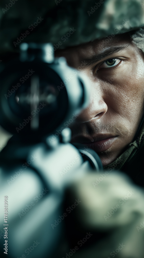 Fototapeta premium Soldier aiming through a rifle scope with focused expression.