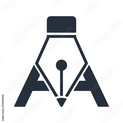 Dark blue abstract pen nib logo design on white background artistic calligraphy