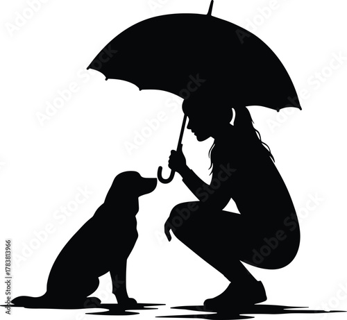 Woman protecting dog with umbrella silhouette, friendship and care concept, pet love compassion vector, rainy day kindness artwork, cad drawing flat vector illustration